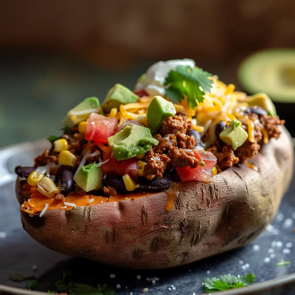 Delicious sweet potato filled with ground meat, beans, corn, and fresh toppings.