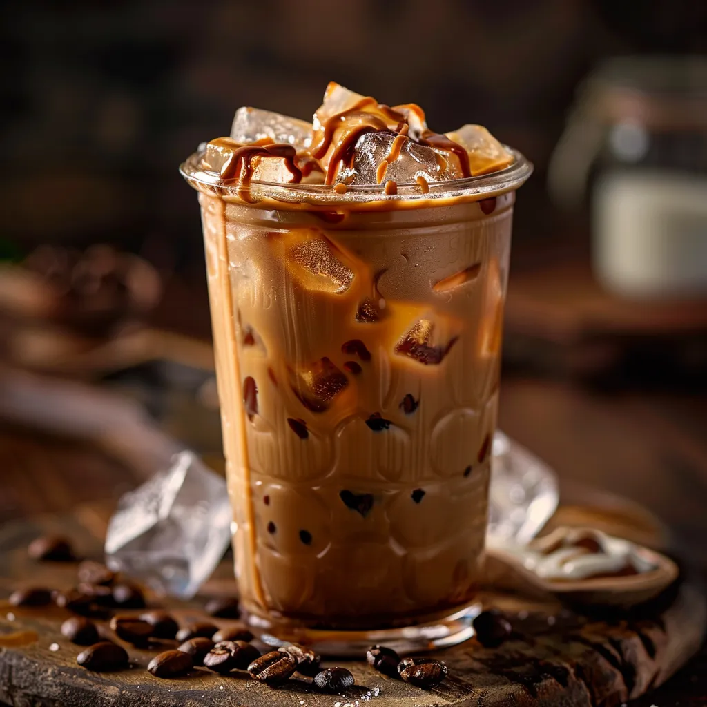Close-up of a creamy Caramel Almond Milk Iced Coffee topped with whipped cream and caramel drizzle.