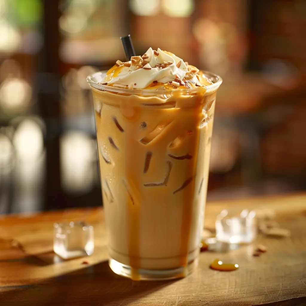 Close-up of a Caramel Almond Milk Iced Coffee with whipped cream and caramel drizzle.