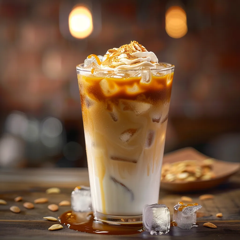 Close-up of a glass filled with iced coffee, caramel swirls, and almond milk.