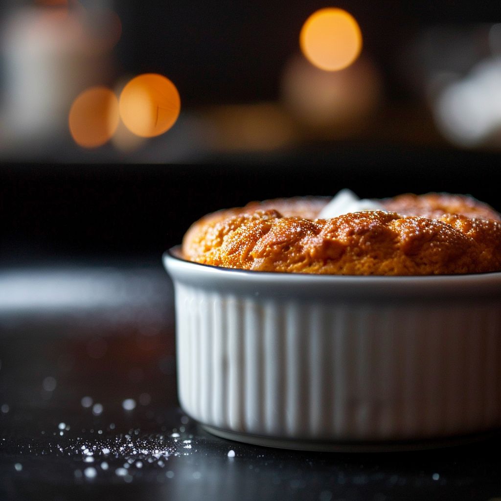 A close-up of a golden-brown Sweet Potato Soufflé with a fluffy texture.