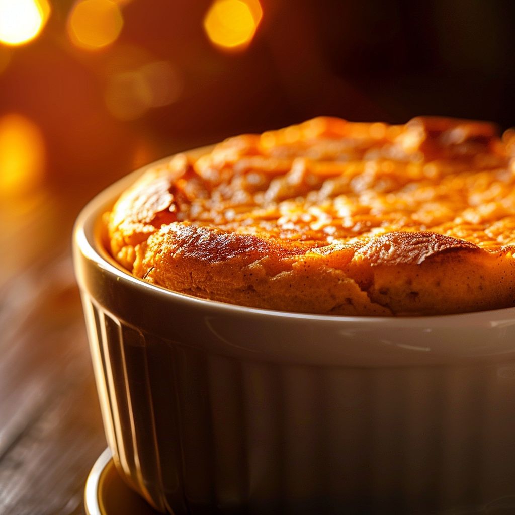 Close-up of a creamy Sweet Potato Souffle topped with a sprinkle of cinnamon.