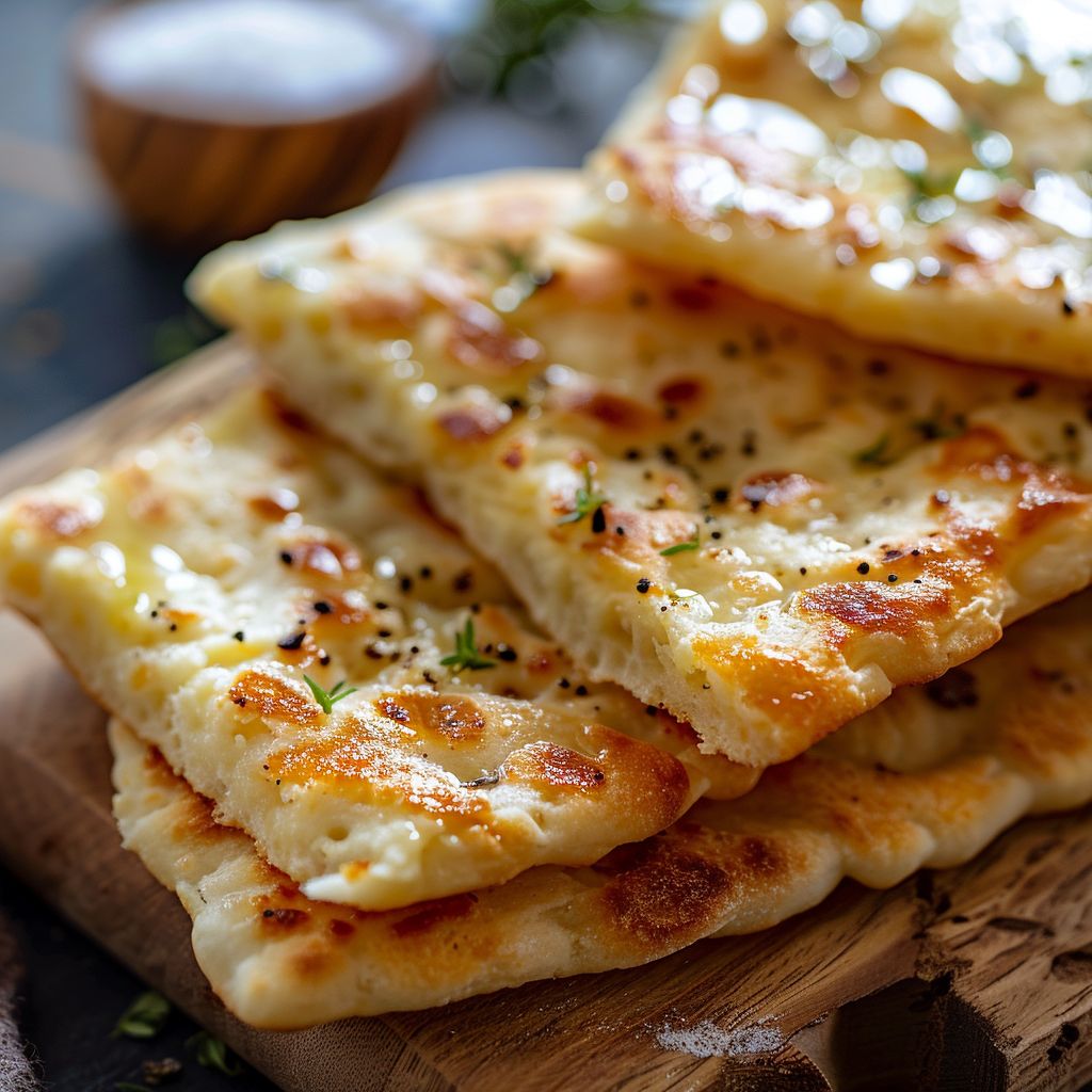 Close-up of golden-brown cottage cheese flatbreads on a rustic plate, showcasing their fluffy texture.
