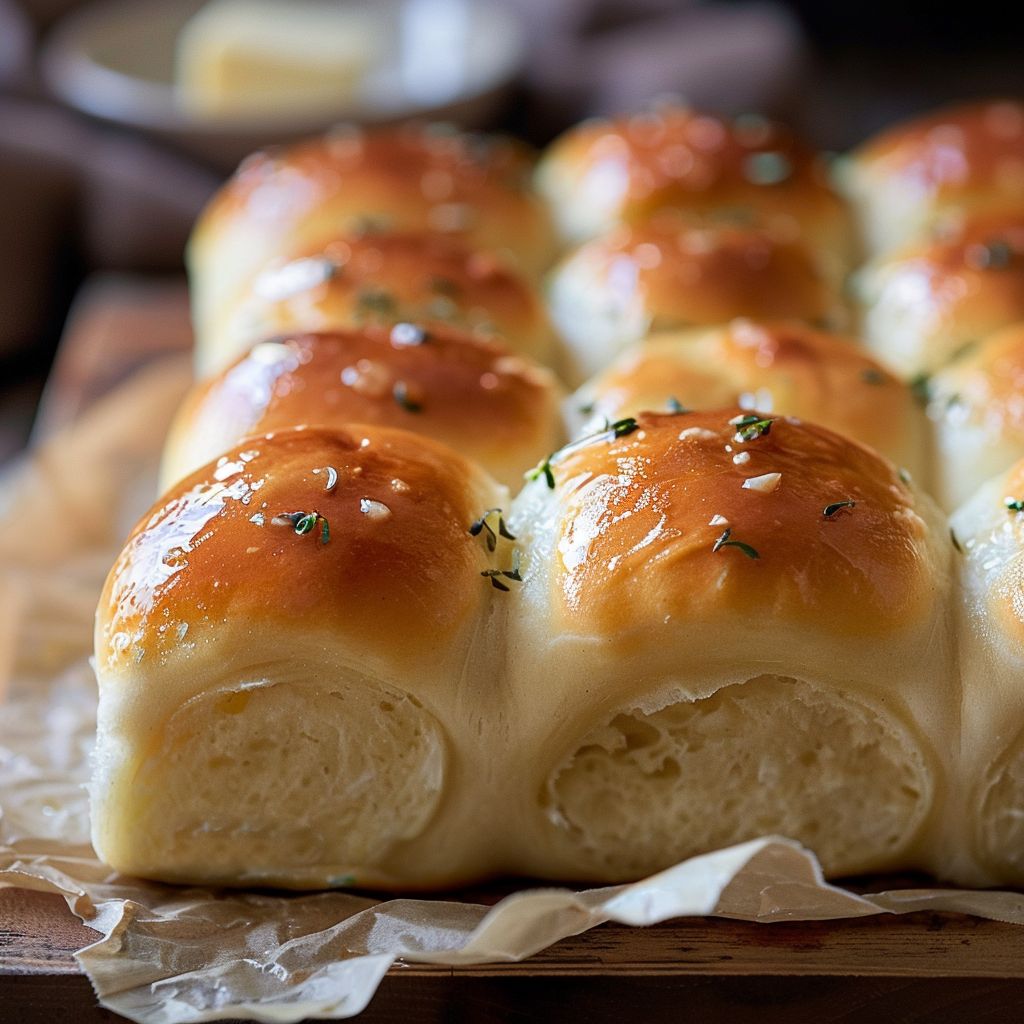 Close-up shot of garlic butter dinner rolls with a golden crust, placed on a rustic background.