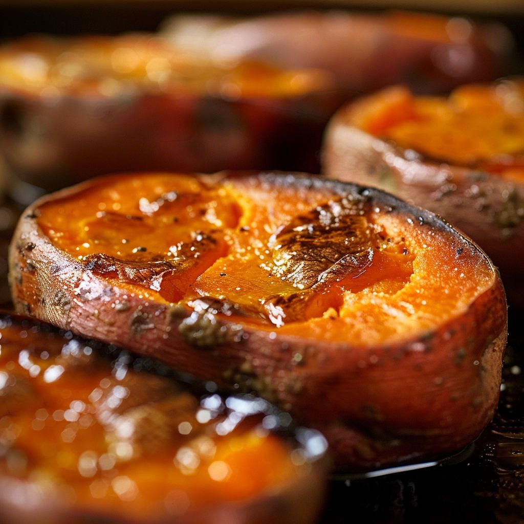 Close-up of baked Japanese sweet potatoes on a plate with a golden-brown exterior.