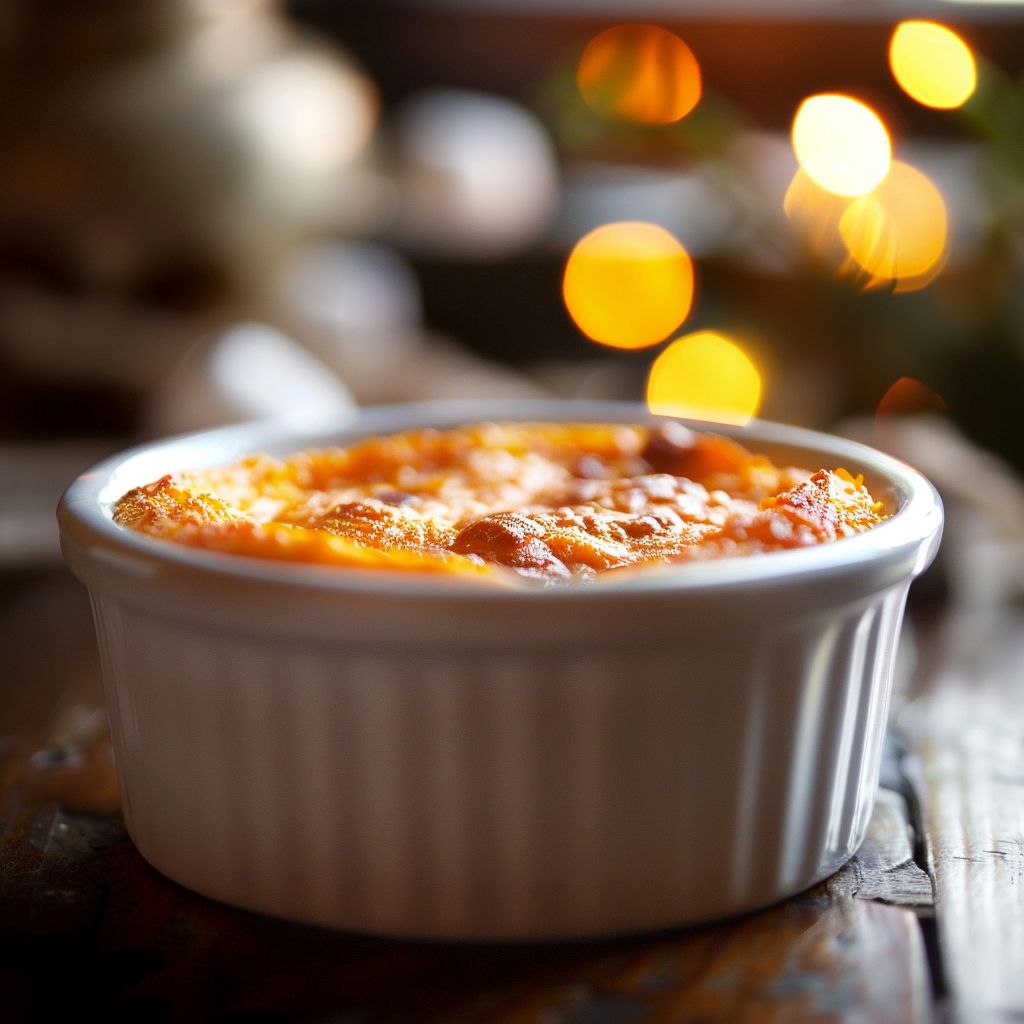 Close-up of a golden-brown sweet potato souffle in a baking dish, topped with mini marshmallows.