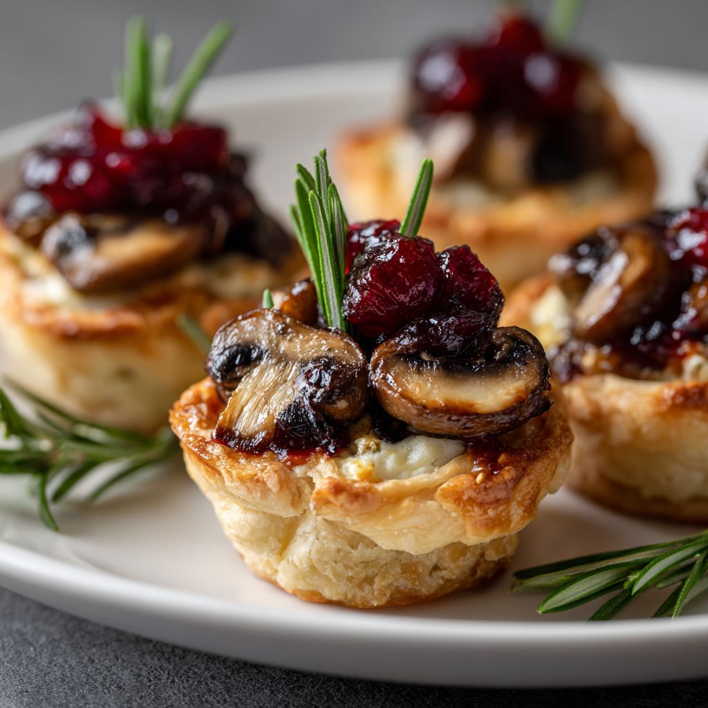 Close-up view of flaky puff pastry bites filled with melted brie and cranberry sauce, garnished with fresh herbs.