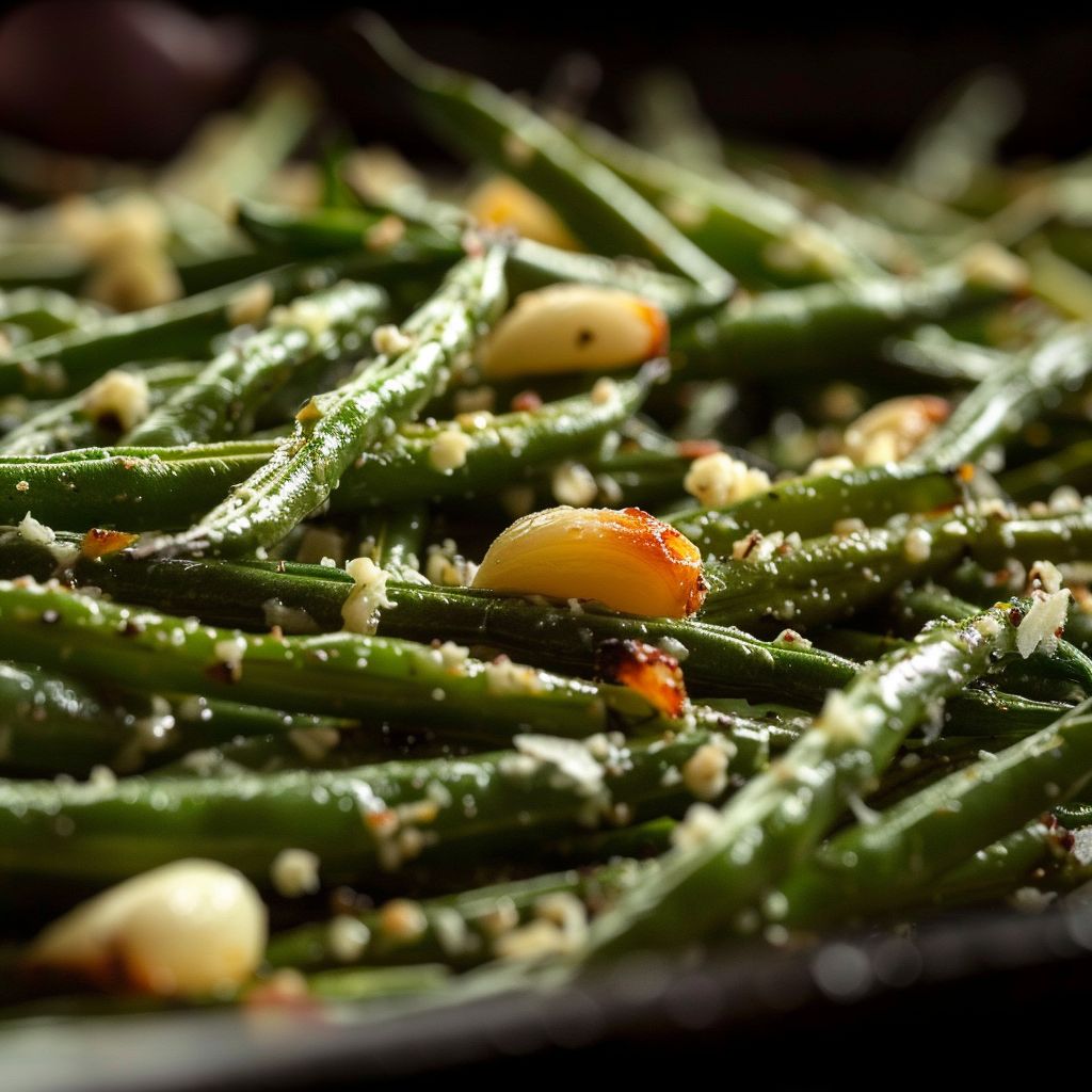 Close-up of roasted green beans garnished with garlic and parmesan, with a blurred background.
