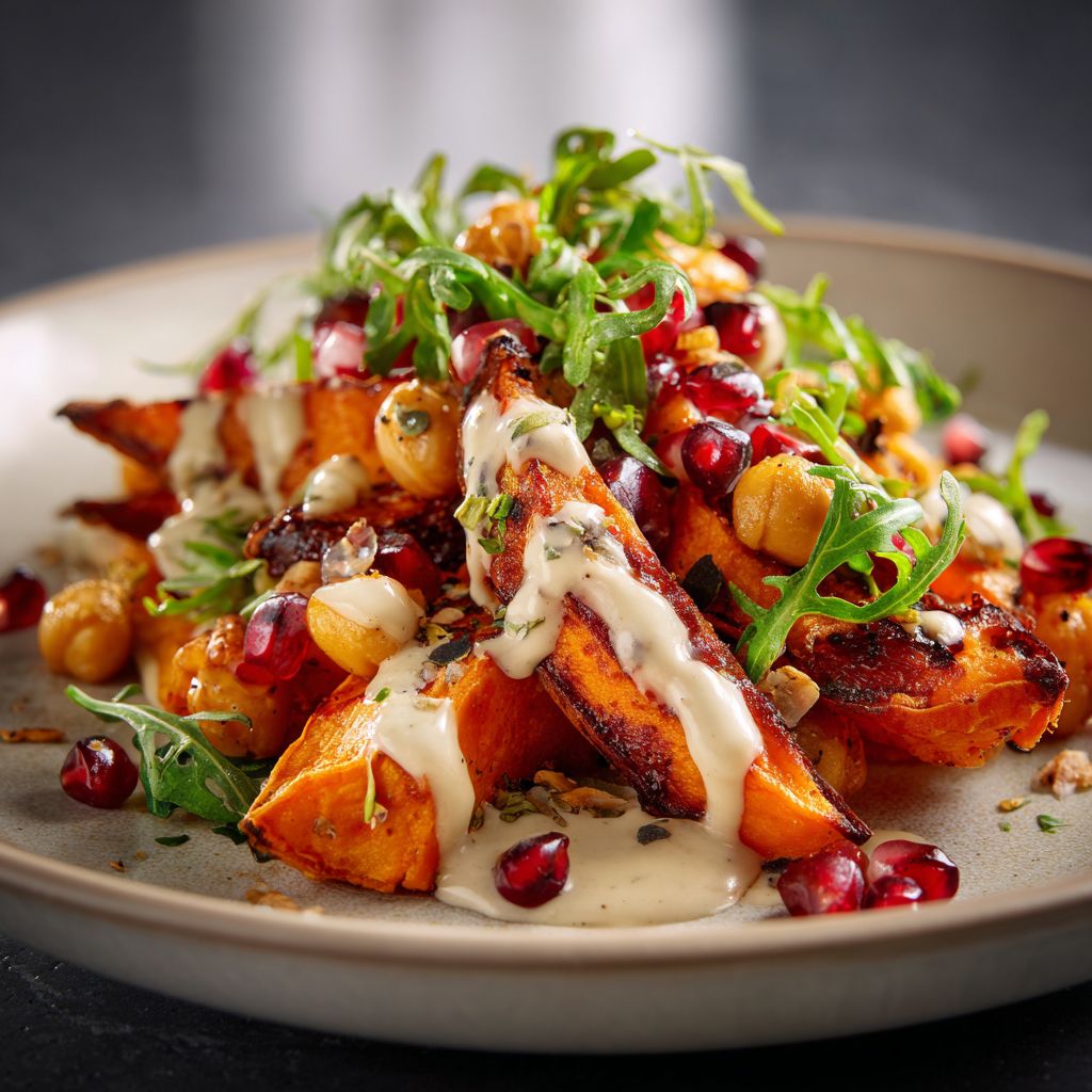 Close-up of a sweet potato topped with crispy butter beans, showcasing rich textures and colors.