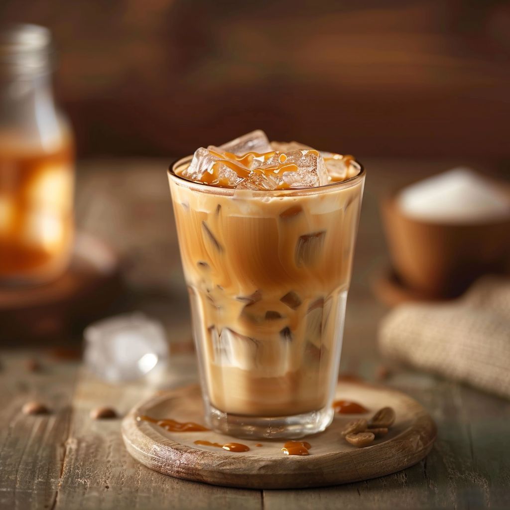 Close-up of a caramel almond milk iced coffee in a glass, topped with whipped cream and caramel drizzle.