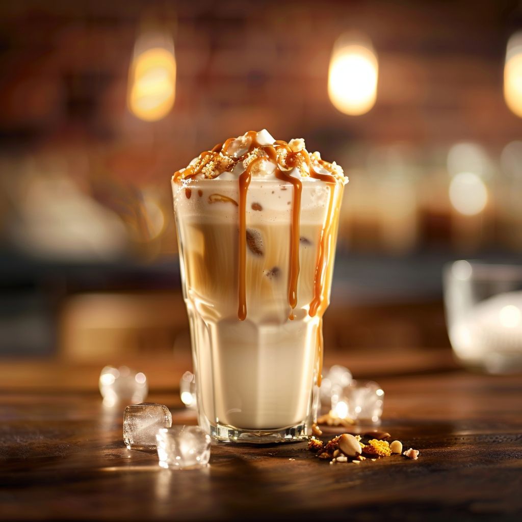 Close-up of a refreshing Caramel Almond Milk Iced Coffee with whipped cream and caramel drizzle.
