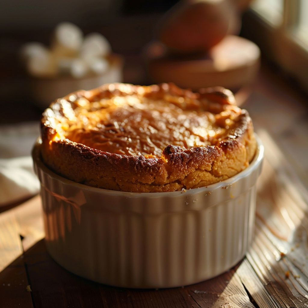 Close-up of a creamy sweet potato souffle topped with mini marshmallows, illuminated by natural light.