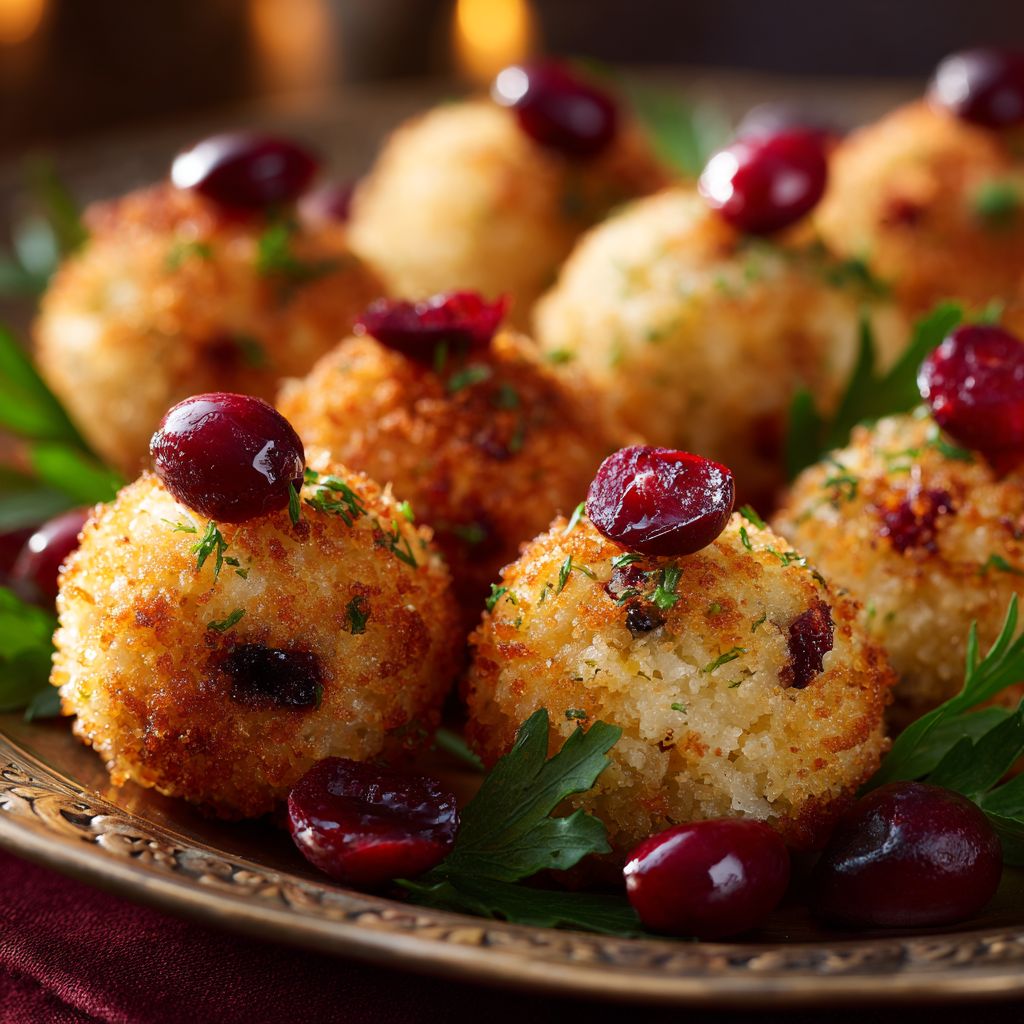 Close-up of golden brown Thanksgiving stuffing balls with visible herbs and cranberries against a soft, blurred background.
