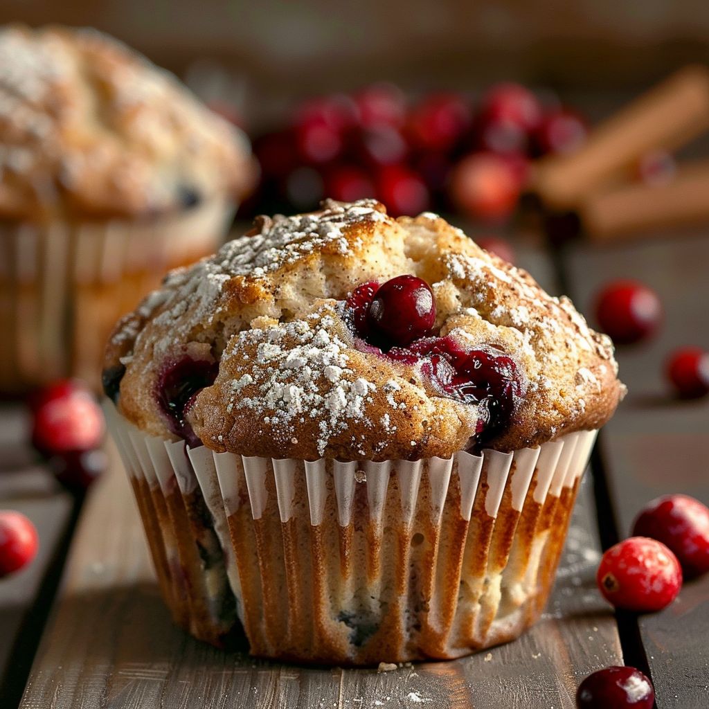 Close-up of a freshly baked cranberry muffin, showcasing a golden top and vibrant cranberries.