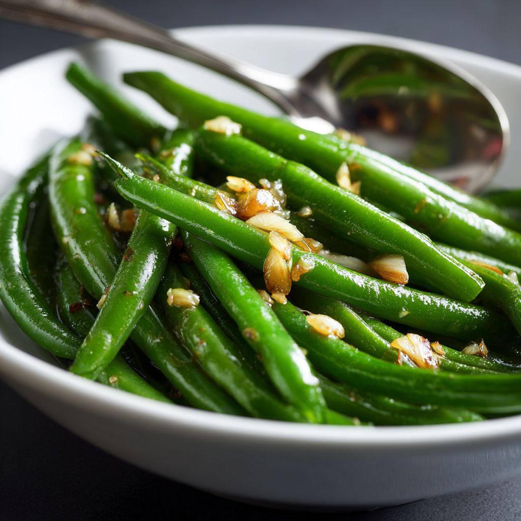 Close-up of honey garlic green beans drizzled with sauce.