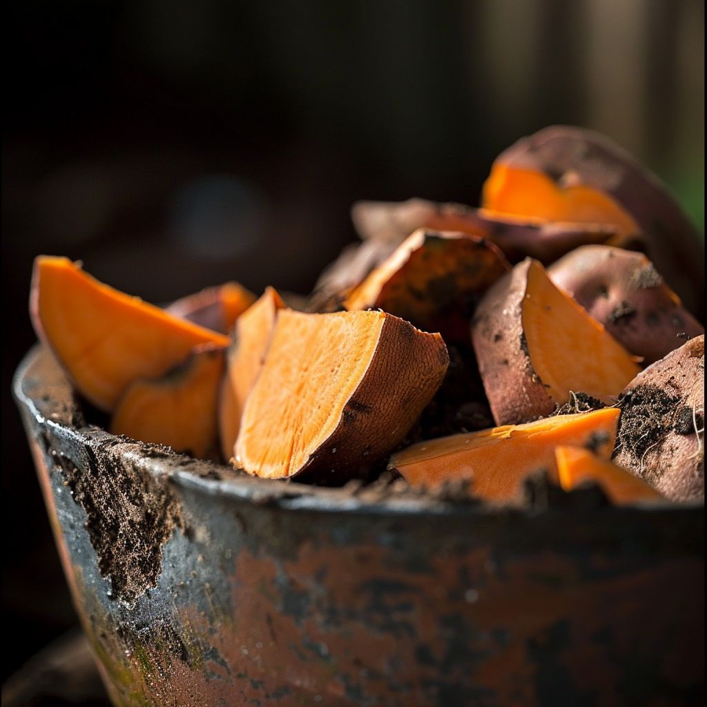 Close-up of vibrant sweet potato slips in rich, well-draining soil with a blurred garden background.