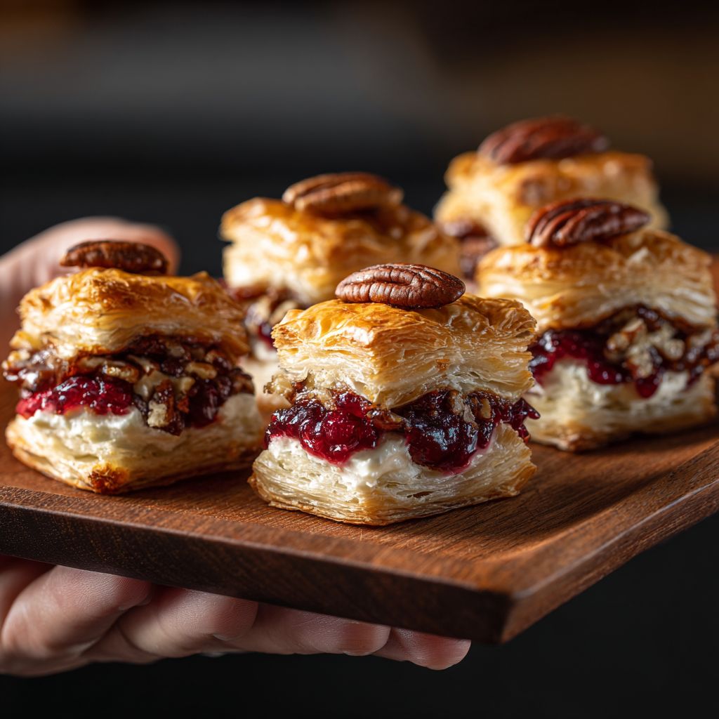 Close-up of baked cranberry brie bites on a rustic wooden table, garnished with fresh rosemary.