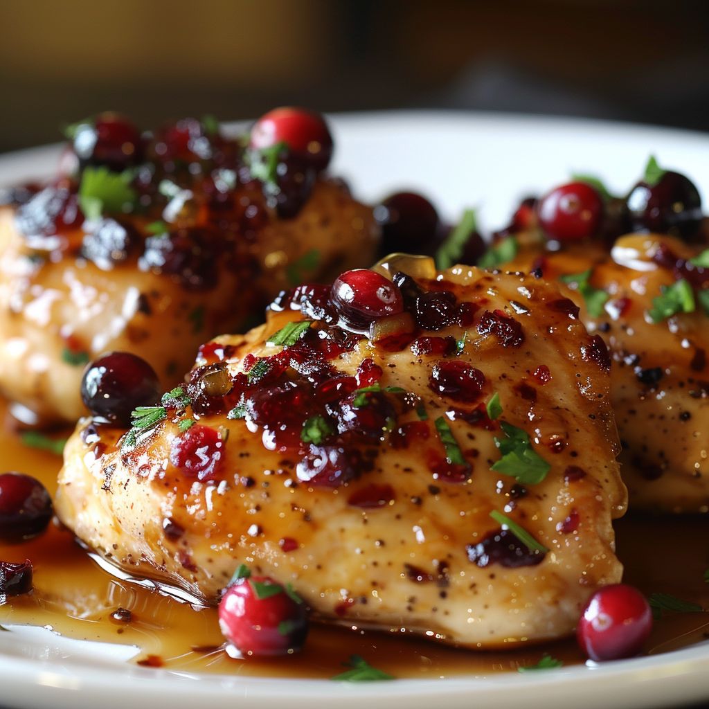 Close-up of cooked orange cranberry chicken with fresh cranberries and parsley garnish.