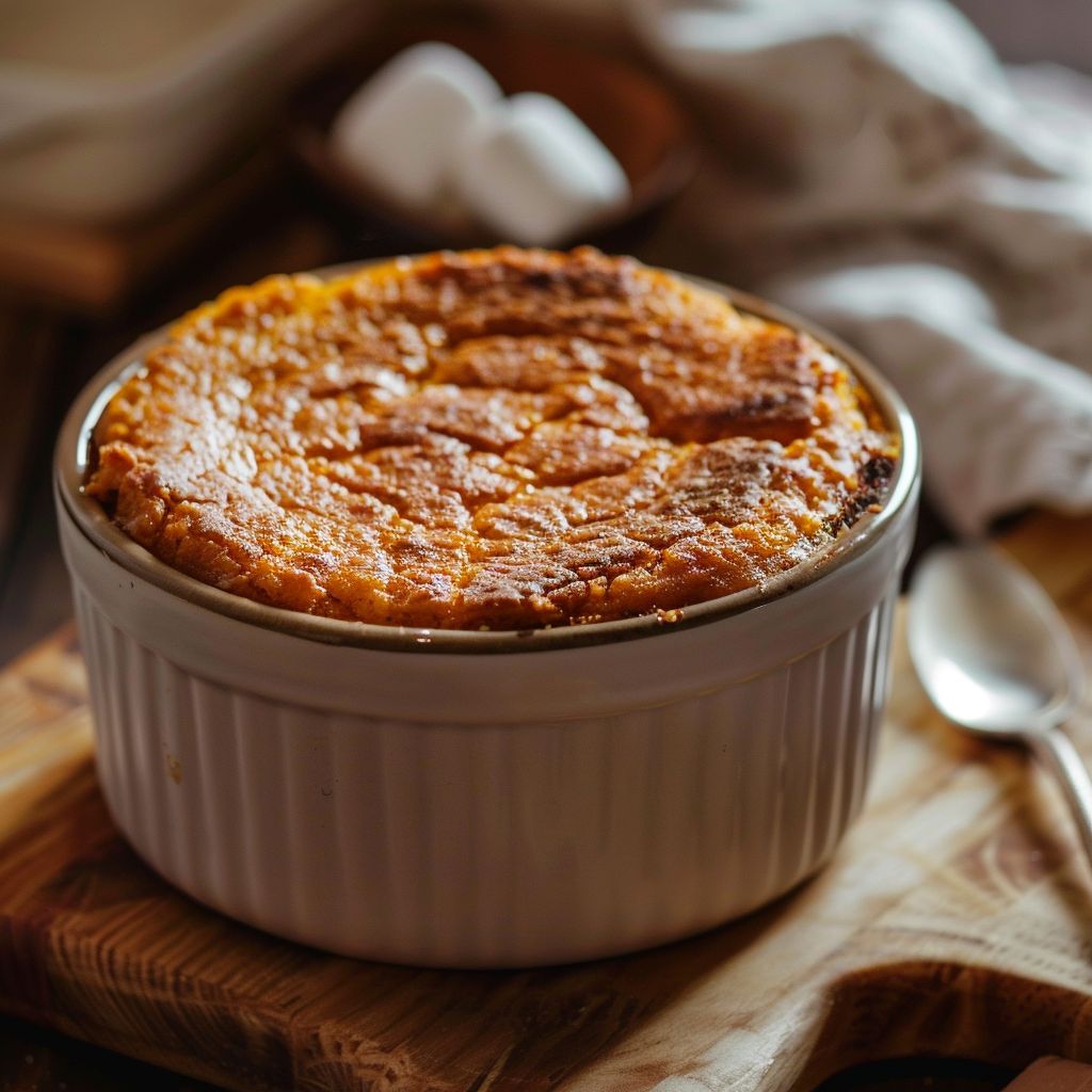 Close-up of a creamy Sweet Potato Souffle topped with mini marshmallows.