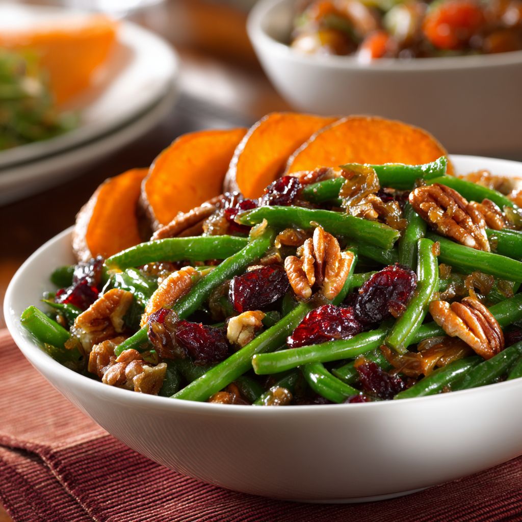 A close-up view of a colorful dish featuring green beans, butternut squash cubes, chopped pecans, and dried cranberries.