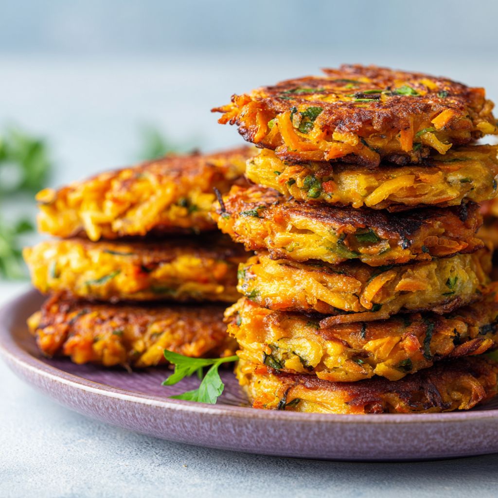 Close-up shot of golden-brown sweet potato hash browns topped with fresh parsley.