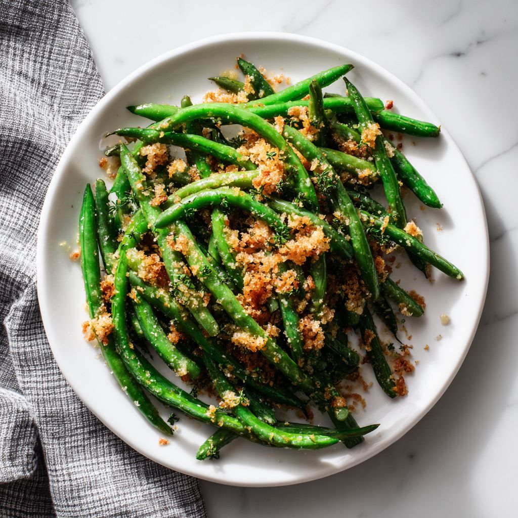 Close-up of roasted green beans sprinkled with parmesan cheese and garlic.