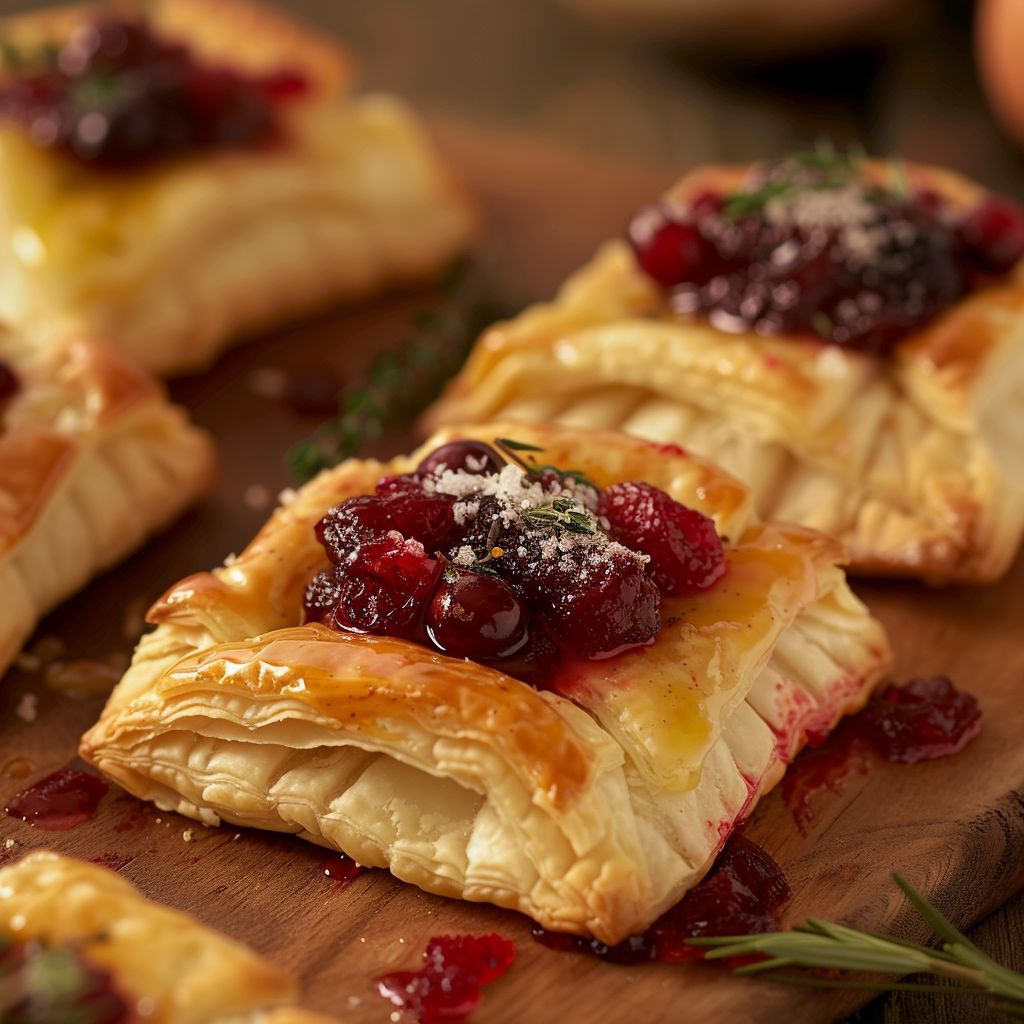 Close-up of Cranberry Brie Bites on a rustic wooden table, showcasing flaky pastry and vibrant cranberry sauce.