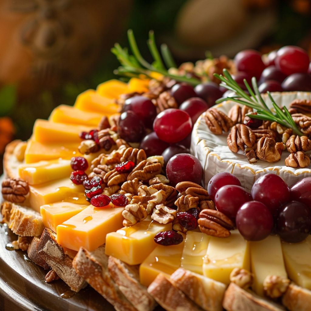 A close-up of a Thanksgiving cheese platter featuring brie, cheddar, gouda, nuts, cranberries, grapes, and sliced baguette.