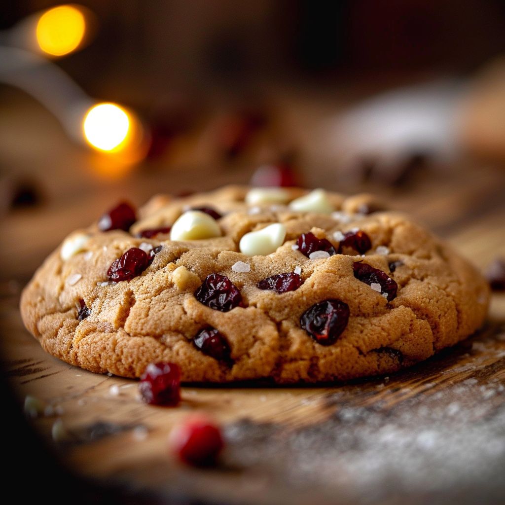 Close-up photo of a freshly baked white chocolate cranberry cookie, showcasing its texture and golden edges.