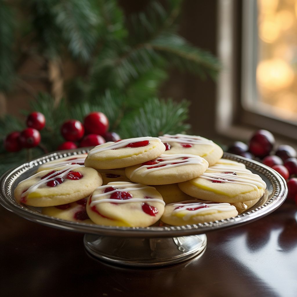Close-up of a lemon cranberry cookie with a golden-brown edge and a soft center, lightly dusted with powdered sugar.