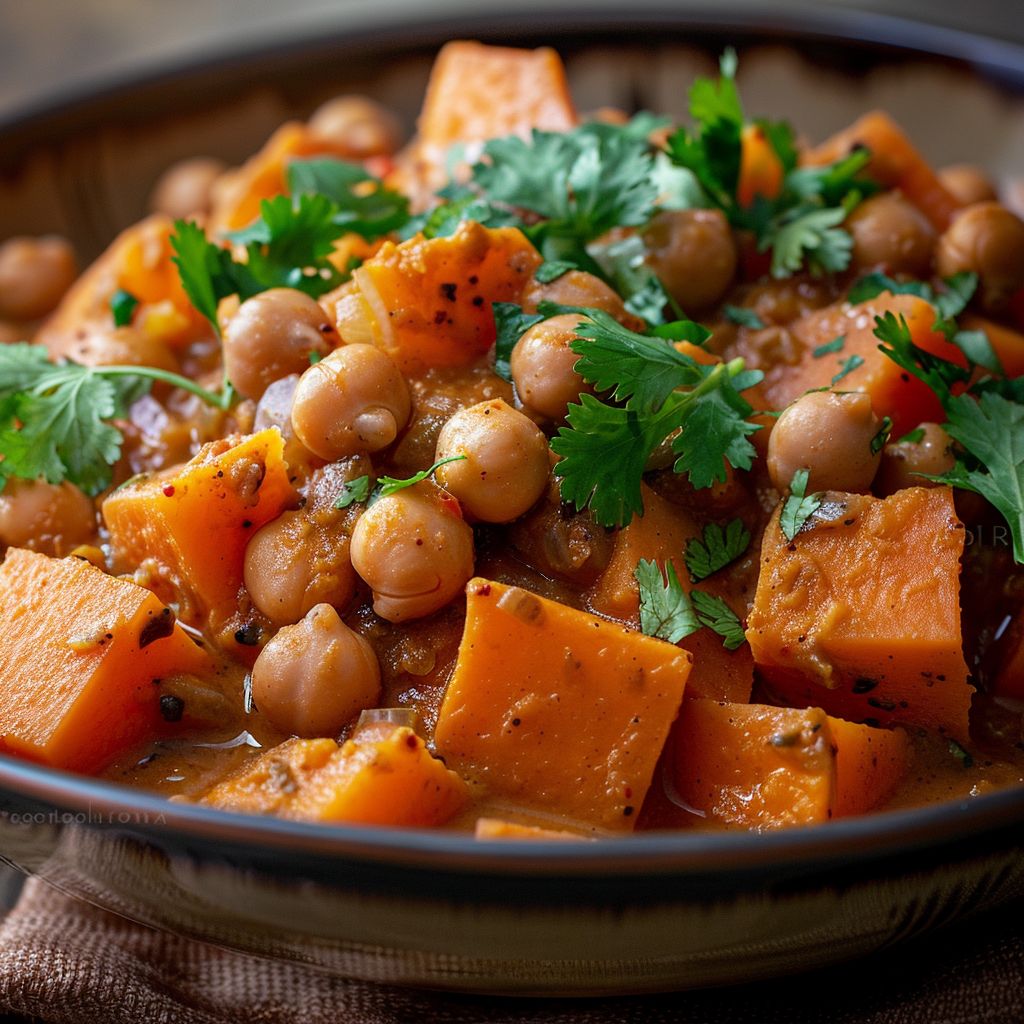 Close-up of a vibrant Sweet Potato and Chickpea Curry in a bowl, with warm natural lighting enhancing its textures.