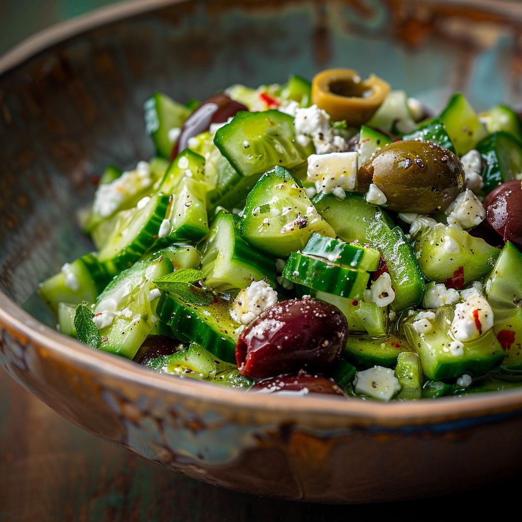 Close-up of a Keto Greek Salad featuring fresh cucumbers, vibrant olives, and crumbled feta cheese.
