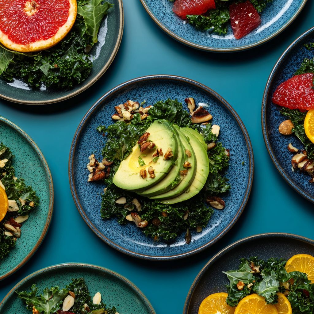 Close-up of a vibrant salad with leafy greens, berries, and nuts in natural light.