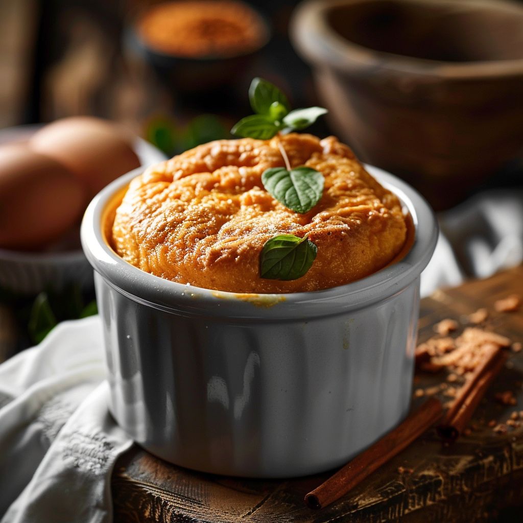 Close-up of a golden-brown sweet potato soufflé in a rustic dish.