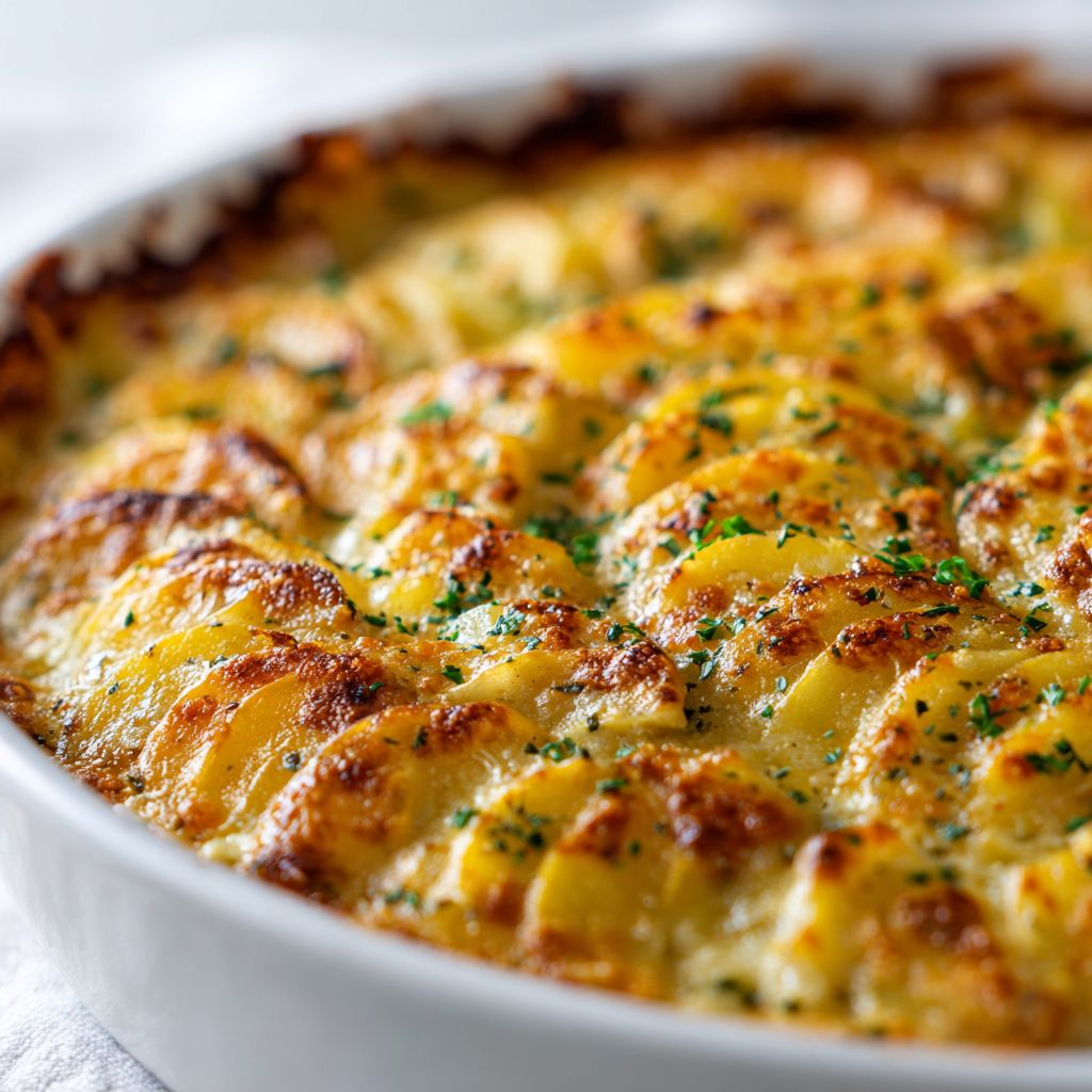 Close-up of creamy scalloped potatoes with melted cheese and soft shadows.