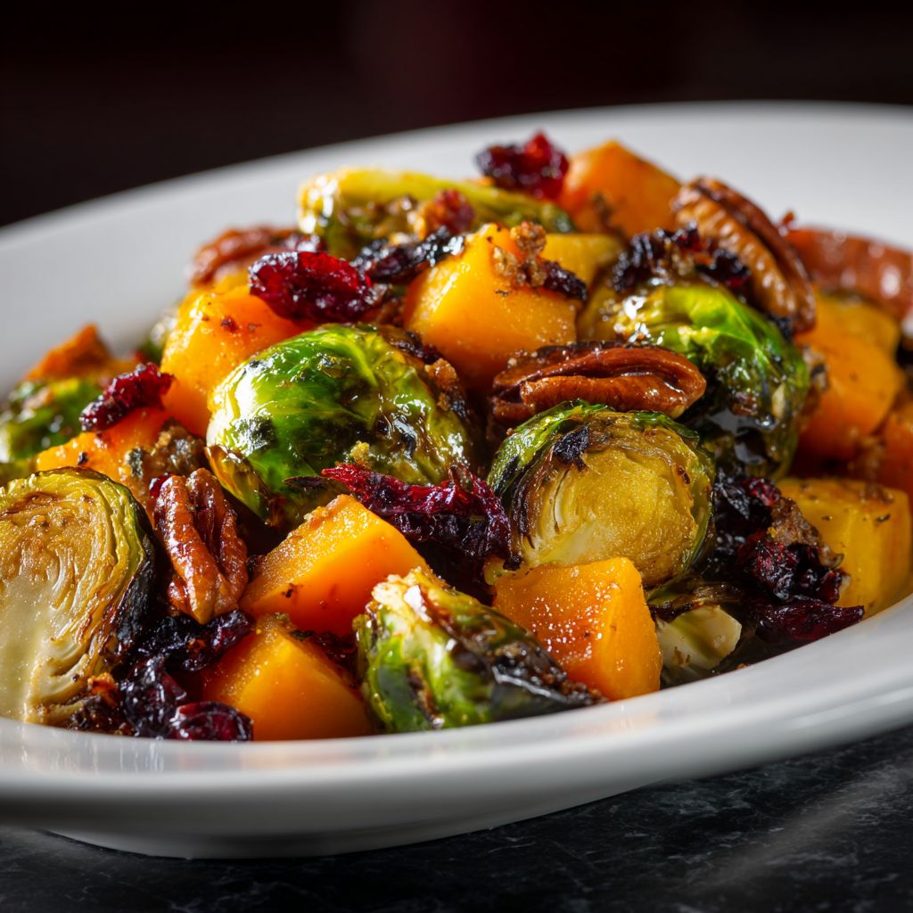 Close-up of roasted butternut squash and Brussels sprouts, garnished with chopped pecans and cranberries, in warm natural light.