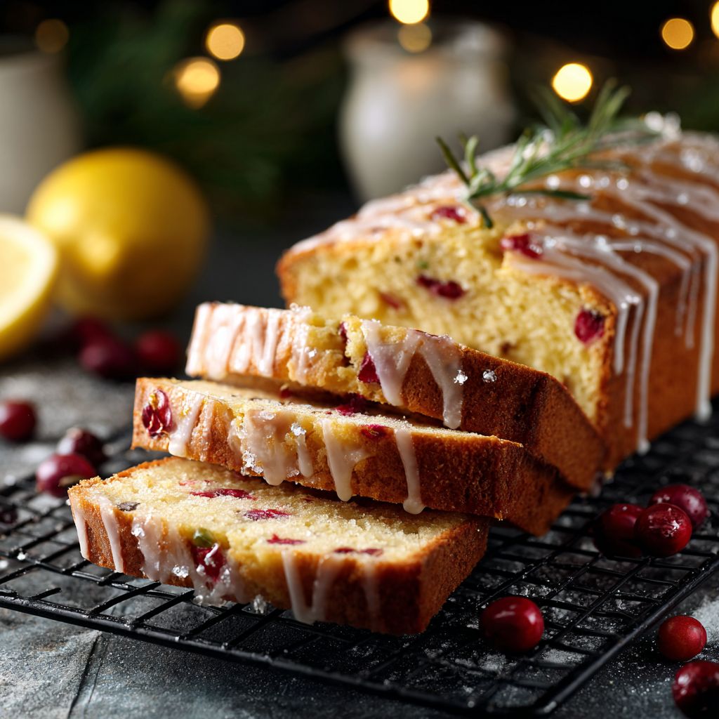 A close-up of a moist Cranberry Orange Loaf, showcasing its vibrant cranberries and golden-brown crust.