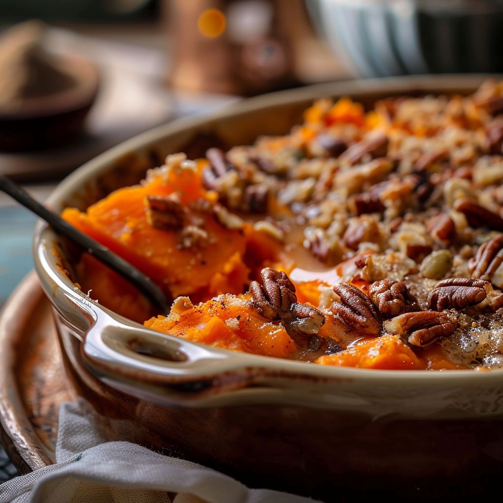 Close-up of a sweet potato casserole topped with crunchy pecans in warm lighting.