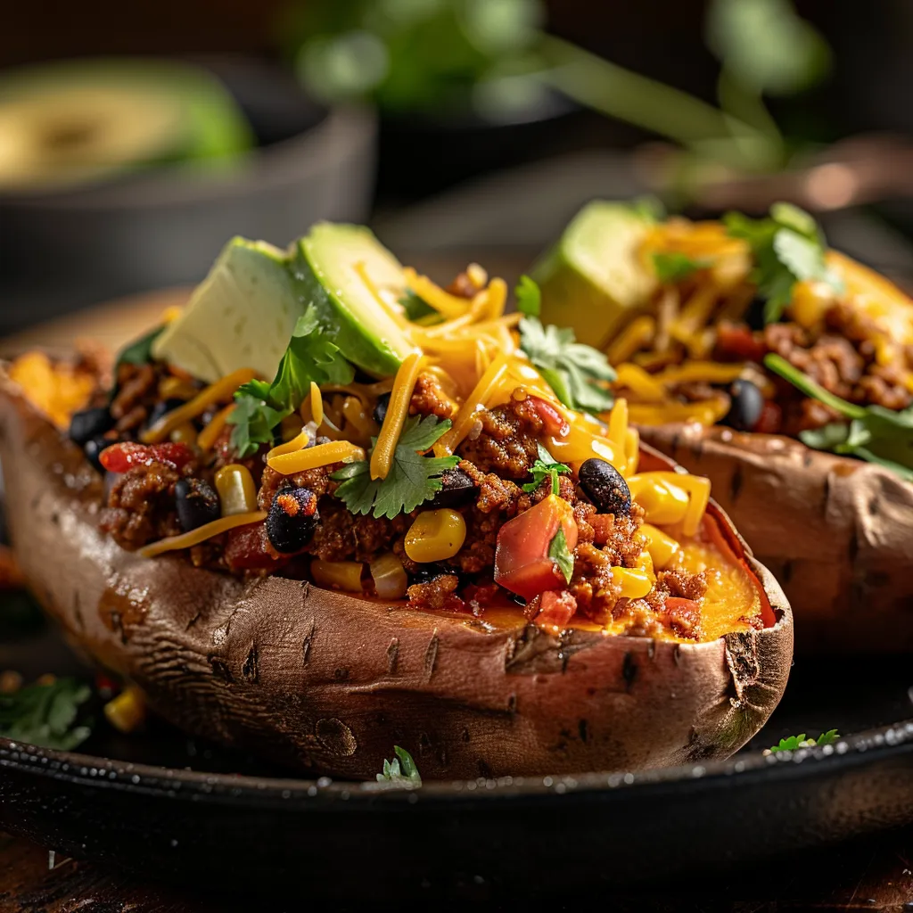 Eye-level shot of stuffed sweet potatoes showcasing ground beef, black beans, and vibrant toppings.