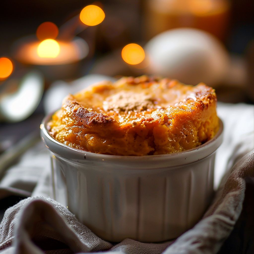 Close-up of a fluffy sweet potato souffle with a golden-brown top, soft shadows, and a blurred background.