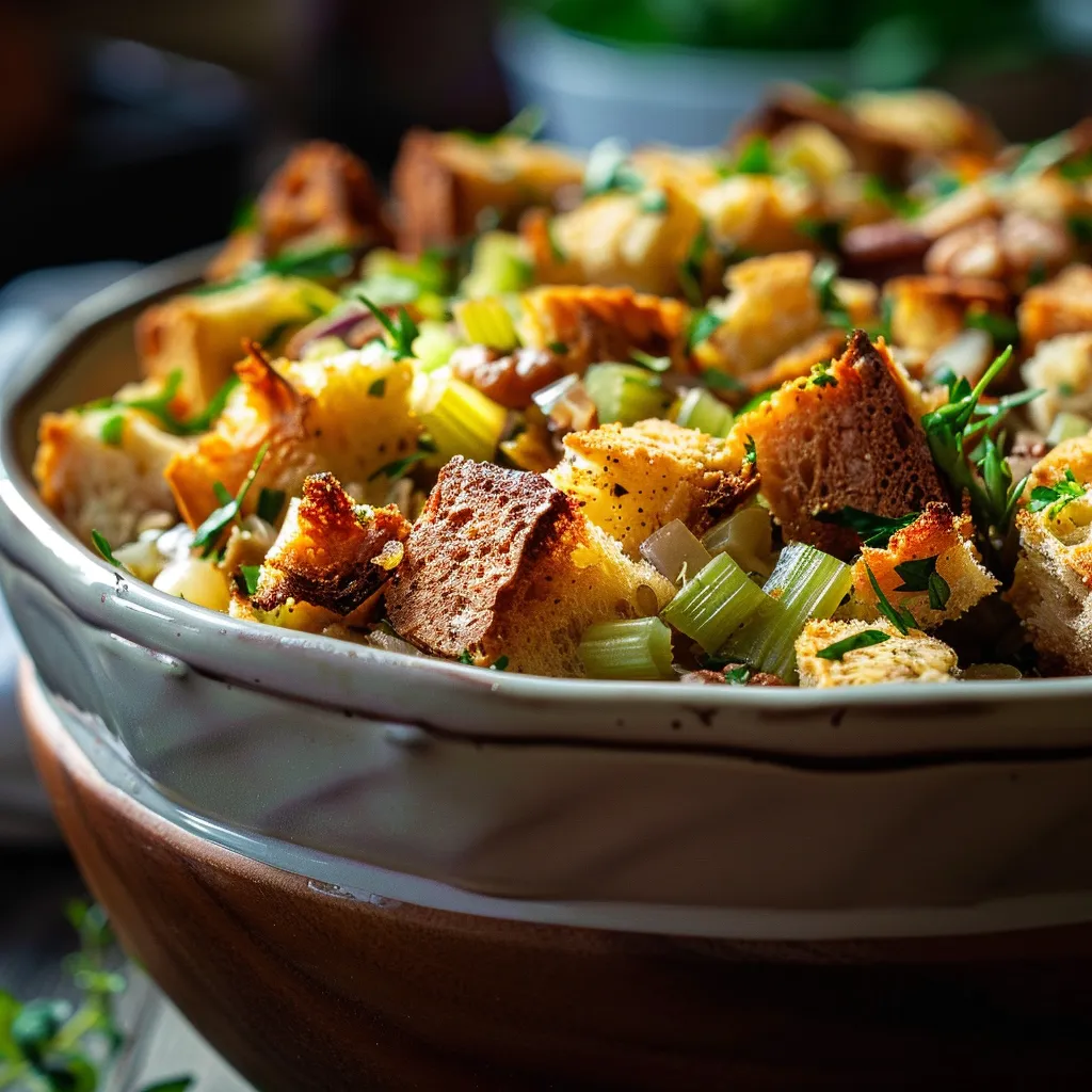 Detailed view of a savory stuffing dish, showcasing the texture and ingredients in soft light.