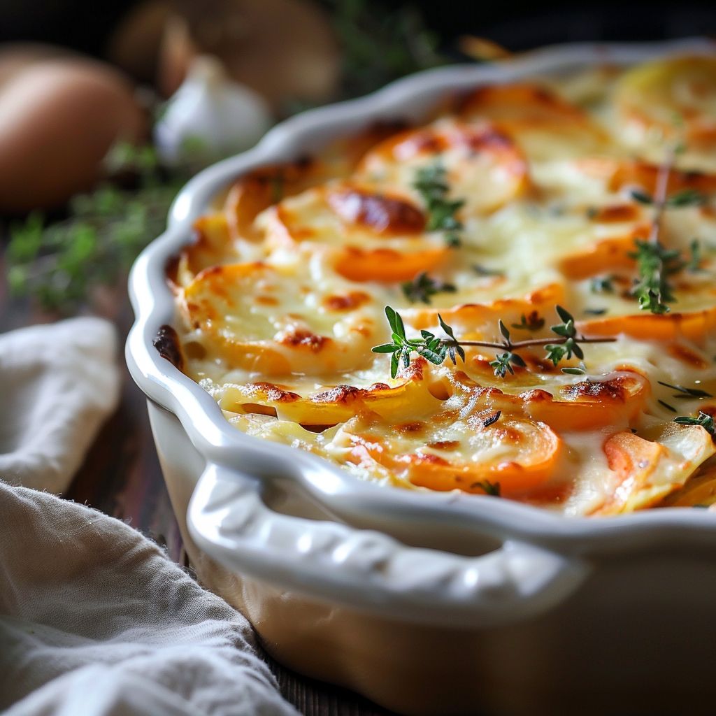 Close-up of a bubbling Cheesy Root Vegetable Gratin with golden cheese crust.