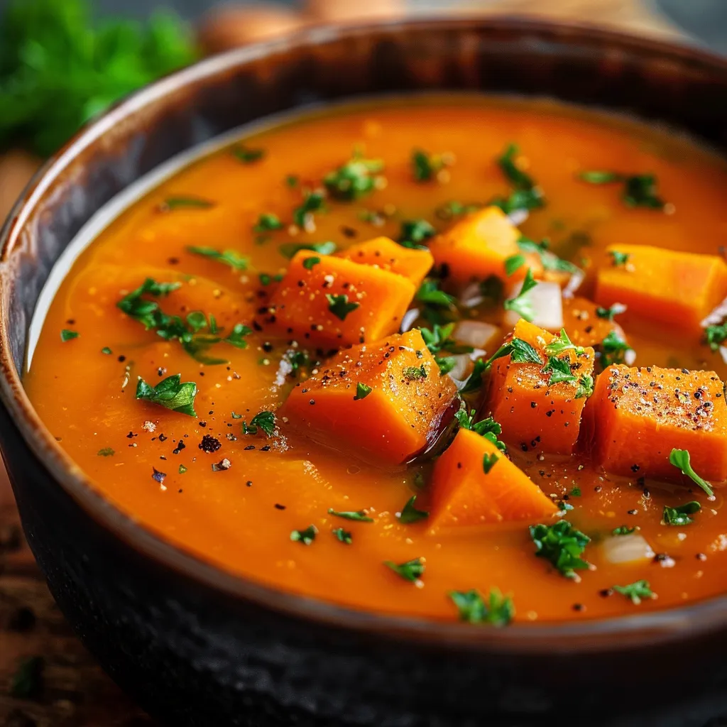 An eye-level view of a rich orange Savory Sweet Potato and Carrot Soup, decorated with parsley, showcasing its texture in warm lighting.