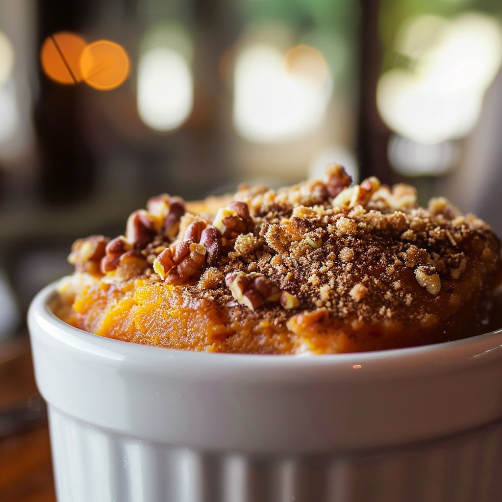 Close-up of a creamy sweet potato soufflé topped with a crunchy pecan crumble.