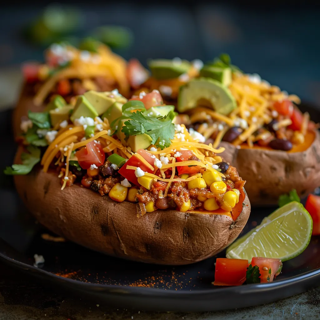 Eye-level view of a taco stuffed sweet potato, showcasing vibrant toppings and textures.