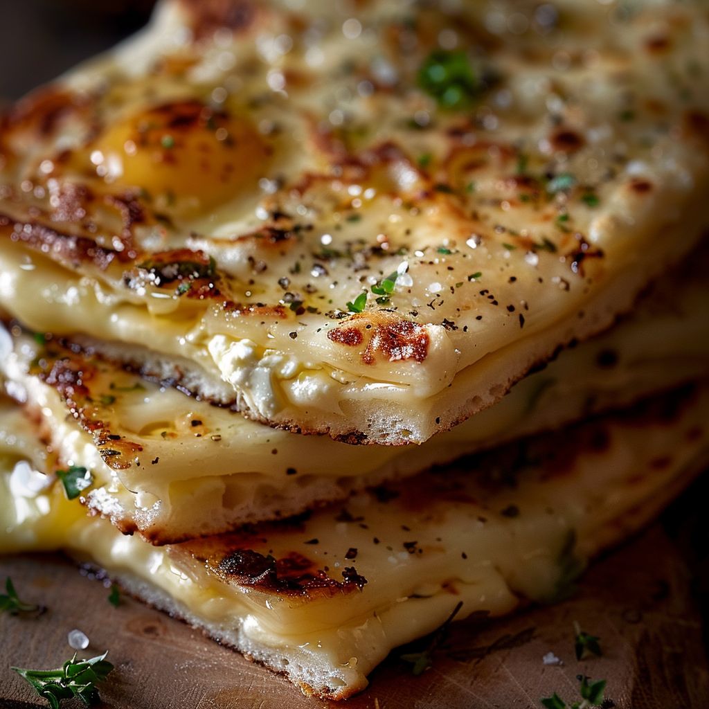 Close-up of a Cottage Cheese Flatbread topped with herbs on a wooden board.