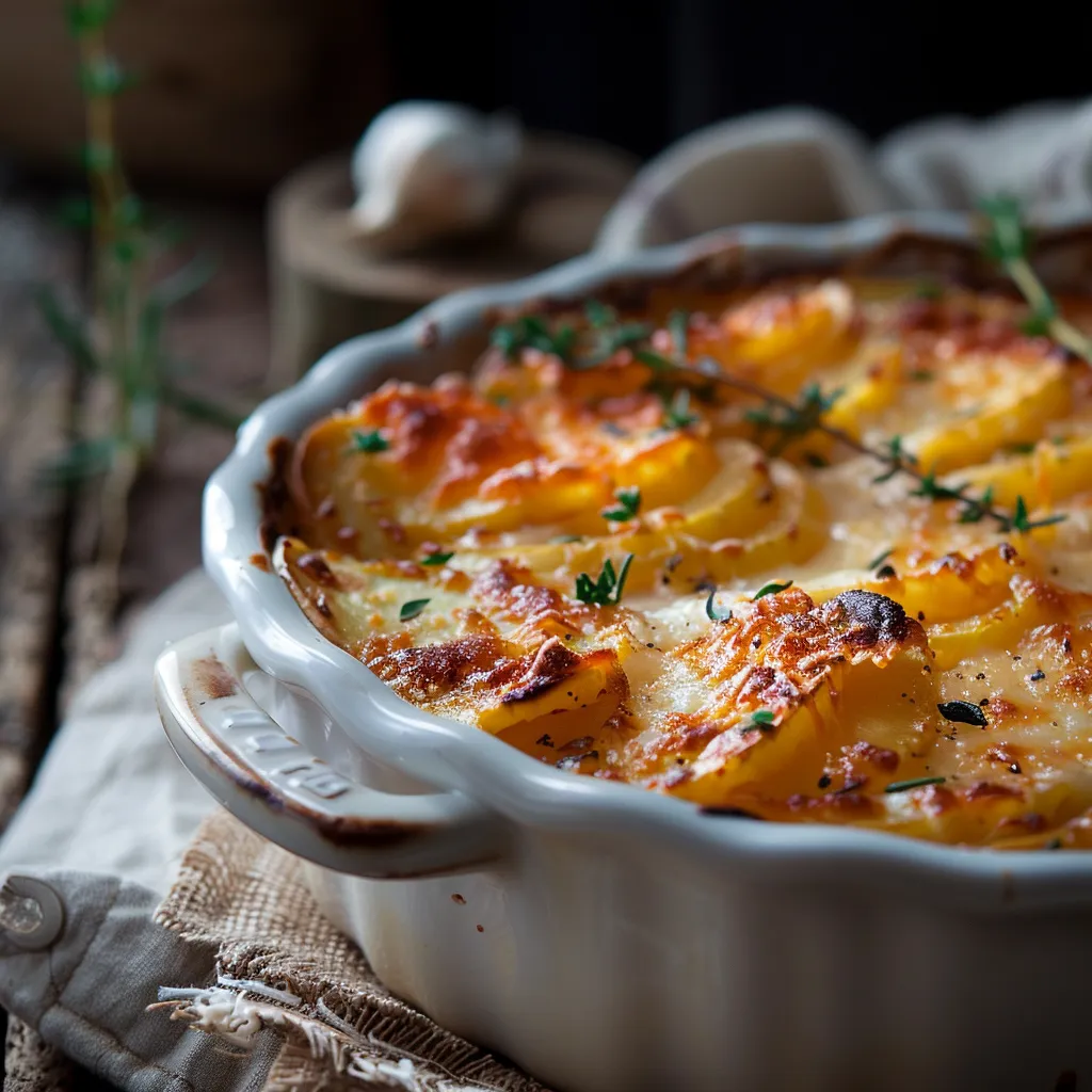 Eye-level shot of a baked Cheesy Root Vegetable Gratin, highlighting its colorful layers of root vegetables and rich cheese.