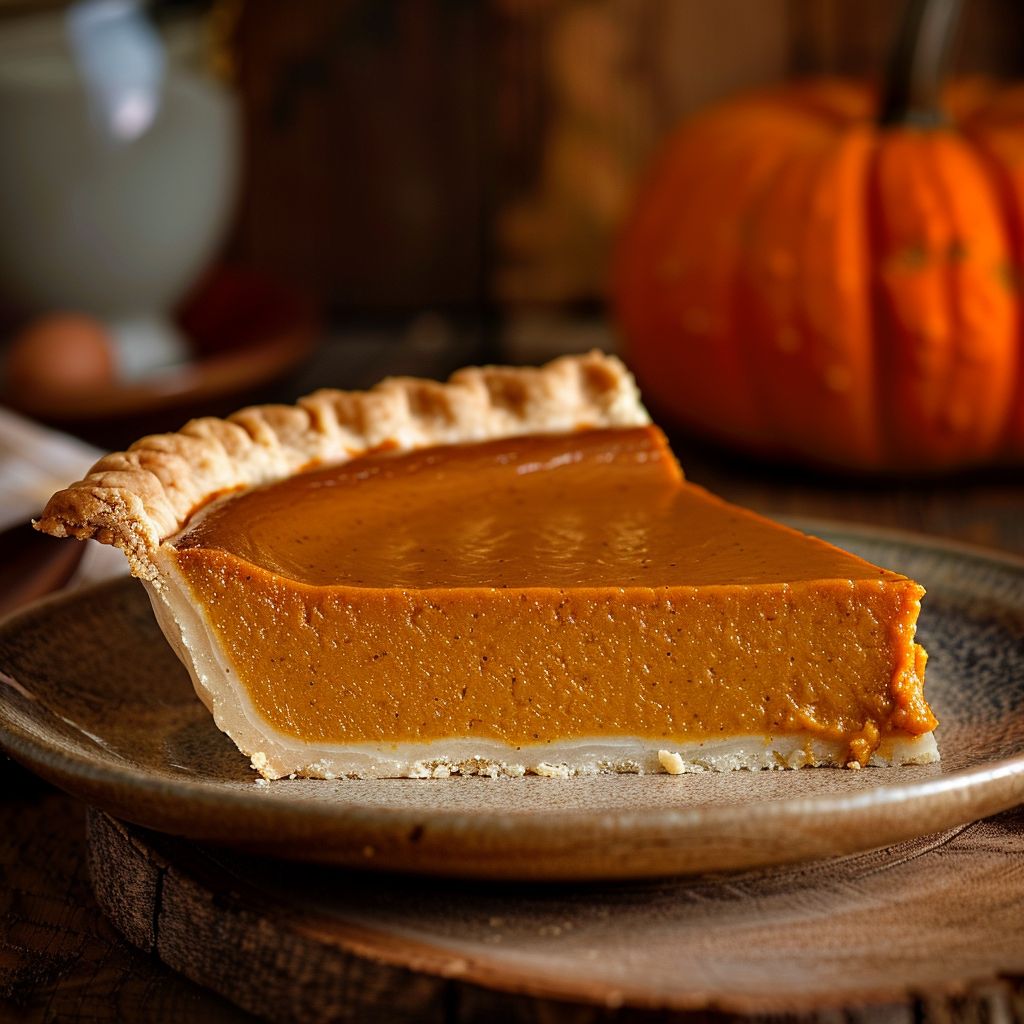 Close-up view of a perfectly baked Thanksgiving pumpkin pie with a golden crust and rich filling.