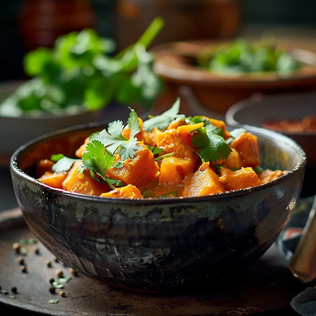 Detailed view of easy sweet potato curry, featuring colorful ingredients and a blurred, cozy background.