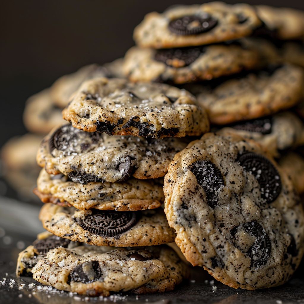 Close-up of a Copycat Crumbl Oreo Cookie topped with sea salt, showcasing its rich texture.
